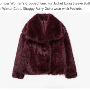 Women's Cropped Faux Fur Jacket - Burgundy